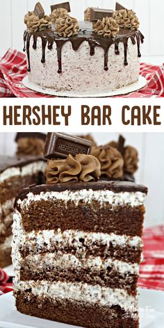 there is a cake with chocolate and marshmallows on it, and the words hershey bar cake above it