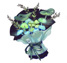 a bouquet of flowers with green leaves and blue mushrooms in the center, on a white background