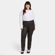 The easy, figure-elongating construction of NYDJ's Coated Marilyn Straight Jeans in Plus Size pairs well with everything, thanks to a flattering waist and a versatile straight-leg fit. A coated finish gives this Marilyn Straight style a sleek, sophisticated appearance that's fabulous for everyday and special occasions. Our Lift Tuck® Technology uses a proprietary slimming panel with a patented criss-cross design to shape and support your curves. Features classic five-pocket styling and a zip fly Plus Size Coats, Cross Design, Cross Designs, Petite Outfits, Personal Marketing, Plus Clothing, Straight Jeans, Criss Cross, Fabric Material