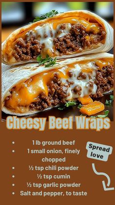 two burritos with cheese and ground beef on them