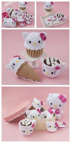 crocheted hello kitty cupcakes and other items are shown in this photo