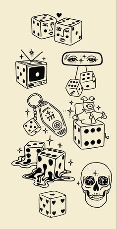 a drawing of dices and skulls on a white background