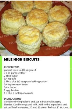 the recipe for homemade biscuits is shown on a red plate with green trimmings