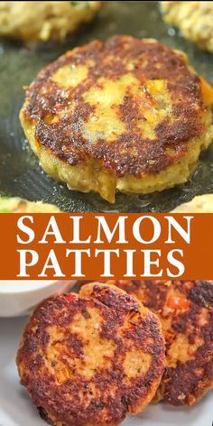 salmon patties on a plate with the title above it