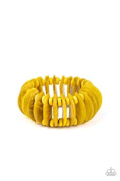 Infused with yellow wooden beads, distressed yellow wooden crescents are threaded along stretchy bands around the wrist for a summery look. Sold as one individual bracelet. Paparazzi Accessories Jewelry, Sliding Knot Closure, Pink Jewels, Yellow Bracelet, Nickel Free Jewelry, Wooden Bracelet, Wood Bracelet, Wood Necklace, Paparazzi Accessories