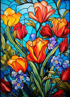 a stained glass window with flowers in it