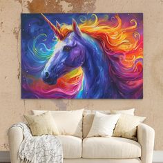 a painting of a colorful unicorn on a wall