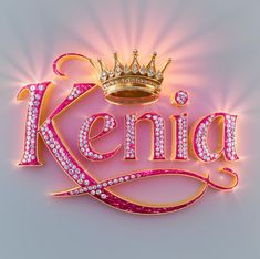 the word kenia with a crown on top is surrounded by pink and gold jewels