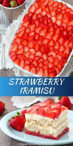 two pictures with strawberries in them and the words strawberry tramsu on it