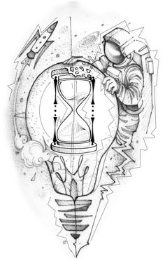 a drawing of an hourglass in the shape of a light bulb with a man inside it