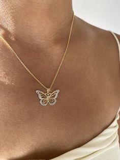 Give her the gift of wings with this beautiful butterfly necklace. DETAILS - 14k yellow gold butterfly with rhodium plating - Both pendant and chain are 14k gold - Approximately 1" wide x 11/16" tall (including bail) VARIATIONS If you require any variation of this style (a different style chain, longer chain, etc.) feel free to message us. We will do our best to accommodate you. Additional costs may apply depending on the variation. POLICY We do accept returns on this item minus a $25 restocking Gold Butterfly Necklace, Brave Wings, Bday Wishlist, Gold Pendent, Butterfly Necklace Gold, Jewelry Lookbook, Gold Butterfly, Butterfly Necklace, Butterfly Pendant