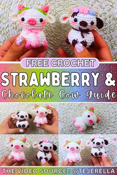 the crochet strawberry and chocolate cow pattern is shown in four different pictures, including one