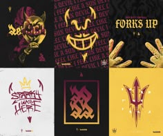 four different types of stickers with the words forks up written in gold and red