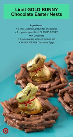 chocolate easter eggs in the shape of bunny ears on a blue plate with text overlay that reads lindt gold bunny chocolate easter nests