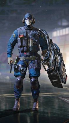 an image of a sci - fi character in space suit holding a large object on his back