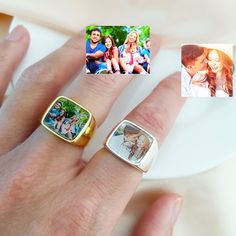 Custom Photo Ring, Personalised Ring,Personalized Signet Ring with Photo,Square Signet Ring,Photo Ring,Mother's Day Gift,Memorial Gift ♡ PRODUCT  DETAILS * Material: 925 Sterling Silver / Titanium Steel * Color: Silver, Gold, Rose Gold * Size: Available from 5 US to 12.5 US * Ring width: 5mm * Photo size: 15x14mm * Personalisation: Custom Photo ♡ OTHER  INFORMATION * All items are nicely packaged ready to gift in elegant jewelry boxes. * If you have some special design needs, welcome to contact us. * All of our jewelry is handmade with Love. ♡ PRODUCTION TIME * All our products are made to order so please allow us to take 7-12 business days to finish your jewelry before shipping out. ♡ CHANGES / CANCELLATIONS  * If you want to make changes to the order, please contact us within 12 hours af White Square Cut Ring As A Gift, White Square Cut Ring As Gift, Personalized Rectangular Signet Ring For Gift, Silver Square Signet Ring As A Gift, Silver Square Signet Ring Gift, Personalized Rectangular Signet Ring Gift, Square Rings For Anniversary, Personalized Signet Ring For Wedding, Photo Ring