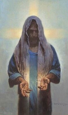 a painting of jesus holding his hands in front of the light coming from behind him