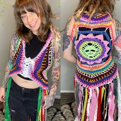 This awesome lace up vest was handmade using soft cotton and acrylic yarn and colorful fabrics and ribbons. It features a flower skull  design on the back and laces up in the front so the size is adjustable. Also the skull on the back glows in the dark! Fitted Multicolor Beach Vest, Bohemian Cotton Crochet Tank Top, Handmade Sleeveless Vest For Festivals, Sleeveless Rave Tank Top For Festivals, Rave Sleeveless Tank Top For Festival, Multicolor Hippie Festival Vest, Handmade Bohemian Vest For Festival, Handmade Bohemian Festival Vest, Multicolor Vest Tank Top For Festival