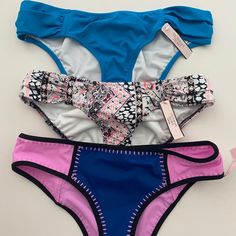 Nwt Victoria's Secret Three Pairs Of Swim Bikini Bottoms Deep Turquoise Iconic Pink Boho Paisley Foil Bon Voyage Blue/Pink Size Xs *This Item Is Cross Listed* Refresh Your Bikini Bottom Collection With These Three Pairs Of Bikini Bottoms Set Includes: Two Pairs Of The Knockout Bikini Bottom: Show Your Sultry Side In Smooth Matte Fabric, With Ruching At Waistband. Low Rise Classic Coverage: Full Back, Shows Curves, Not Skin Lined Waistband Ruched In Front And Back The Classic Stitched Bikini Hips Underwire Swimsuit, Deep Turquoise, Boho Paisley, Triangle Swimsuit, Matte Fabric, Tankini Set, Swimsuit Set, Pink Boho, Womens Swim