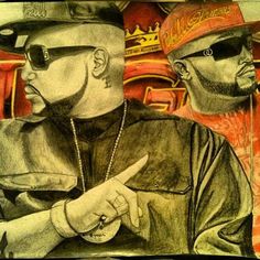 a drawing of two men with sunglasses on and one holding a knife in his hand