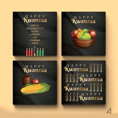 four greeting cards with different types of food