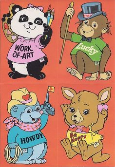 four different pictures of animals with hats and clothes, one is holding a sticker