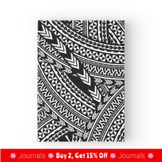 a black and white patterned notebook with the words journals 2 get 15 % off