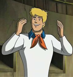 an animated image of a man with his hands up in the air and wearing a bow tie