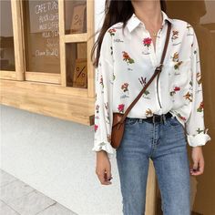 Buy FLOWER PRINT VINTAGE SHIRT. Up to 50% off everything. Free shipping worldwide. The best time to shopping. Crop Tops Outfits, Tutu Skirt Outfit, Floral Print Chiffon Blouse, Jeans And Shirt, Faux Fur Outfit, Fur Outfit, Women Chiffon Blouse, Estilo Harajuku, Y2k Aesthetic Fashion