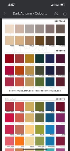 an iphone screen showing the color palettes for different types of paint colors and their names