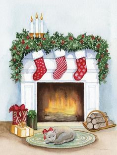 a watercolor painting of a cat sleeping in front of a fireplace with stockings on it