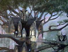 an artistic painting of a tree house in the middle of a forest with lots of trees