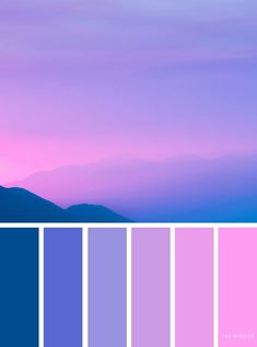 the sky is pink and blue with mountains in the background, as well as shades of purple