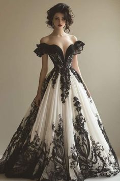 Whimsical Black Wedding Dress, Black Medieval Wedding Dress, Goth Fantasy Wedding, Goth Victorian Wedding Dress, Wedding Dresses Gothic White, Wedding Dress Gothic White, Black And White Wedding Dress Corset Victorian Ball Gowns, Black Pink Wedding Dress, Gothic Wedding Dress Red