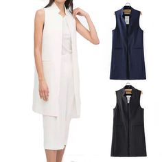 Product Description * Item:Women Sleeveless Blazer Office Wear Two Pockets Outerwear Long Coat Jacket Vest * Condition: 100% Brand New * Color:Blue.Black.White. * Size:Asian S-L * Package:1pc Coat (without any accessories ）    Please note: 1.Please allow a little error due to manual measurement. 2.The color maybe a little difference because of the light,screen reflection etc. 3.If you are not sure what size to choose, you can tell us your height and weight, we will recommend the right size for y Fitted Vest With Stand Collar For Spring, Stand Collar Vest For Workwear In Fall, Winter Workwear Vest With Stand Collar, Sleeveless Vest Outerwear For Office, Summer Workwear Vest Outerwear, Office Sleeveless Vest For Fall, Sleeveless Vest With Pockets For Office, Sleeveless Office Vest With Pockets, Summer Waistcoat