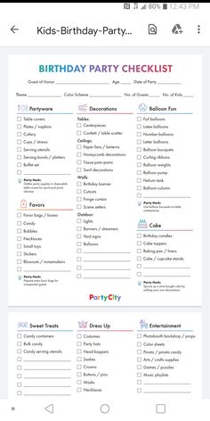 the birthday party checklist is shown in this screenshote, and it shows how many