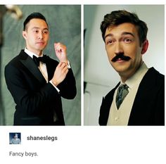 two men in tuxedos one with a mustache and the other with a fake moustache