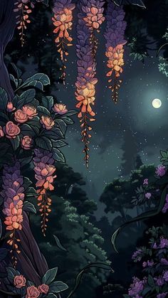 the night sky is full of stars and flowers