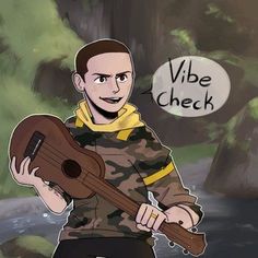 a man holding a ukulele in front of a cartoon sign that says vibe check