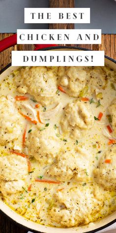 the best chicken and dumplings recipe in a skillet with text overlay that reads, what's the best chicken and dumplings?