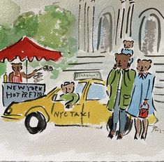 a drawing of people standing in front of a yellow taxi with a sign that says new york hot dog