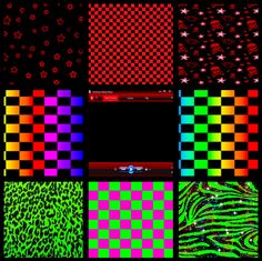 an array of different colors and patterns on a black background with stars in the middle