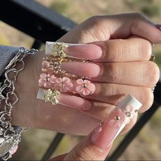 Birthday Nail Set Ideas Long, Long Nail Designs With Charms, Long Nail Inspo Baddie Design, Moss Nails Acrylic, Nails Acrylic Bow, Character Christmas Nails, Floral Nails Acrylic, Square Acrylic Nails Long, Special Occasion Nails