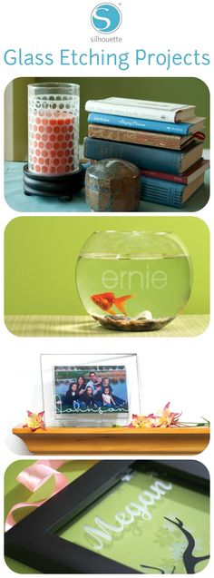 glass etching projects with photos and text on them, including an image of a fish in