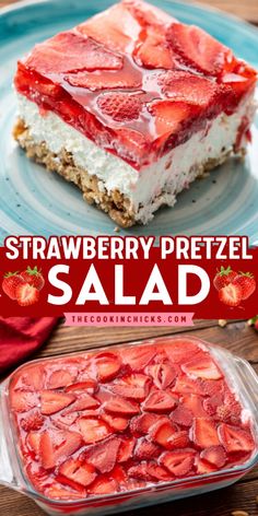 strawberry pretzel salad on a plate with strawberries in the background and text overlay that reads, strawberry pretzel salad