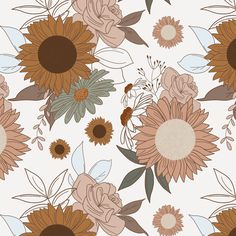 an image of sunflowers and roses on a pink background seamless wallpaper