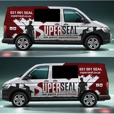 two side by side images of a van with the words super seal painted on it