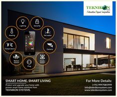 an advertisement for a smart home living system in front of a modern house at night