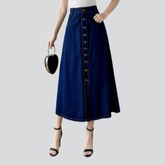 Redefine '90s trendy with our unique stonewashed, long, high-rise denim skirt from the 2023 Spring-Summer Collection!Why You'll Fall In Love: Iconic Throwback: Enjoy a blast from the past with this denim skirt, a perfect combination of ageless and trendy. Vintage Style: Its long, high-waisted fit and stonewashed finish exude old-world charm. Comfortable & Versatile: Whether you're out for a stroll or dancing the night away, you'll be sure to stay unfussy in this denim skirt. Timeless Appeal: Its Flare Denim Skirt, High Rise Denim Skirt, Denim Skirts Online, Flared Denim Skirt, Denim Button Skirt, Womens Denim Skirts, Blast From The Past, Dark Blue Color, High Rise Denim