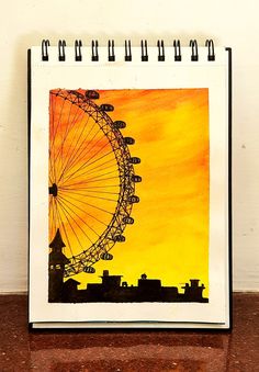 a drawing of a ferris wheel against a yellow sky